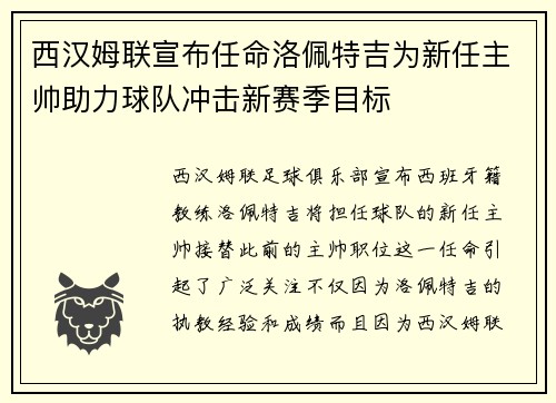 西汉姆联宣布任命洛佩特吉为新任主帅助力球队冲击新赛季目标